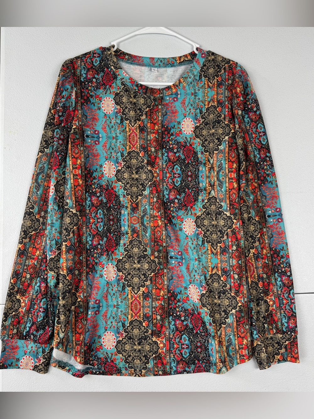 Womens‎ Size L Large Long Sleeve Puff Shoulder Top Multicolor Geo Floral Stretch